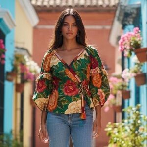 FARM Rio | Floral Wrap Blouse Tassel Tie Top | Green | Size M